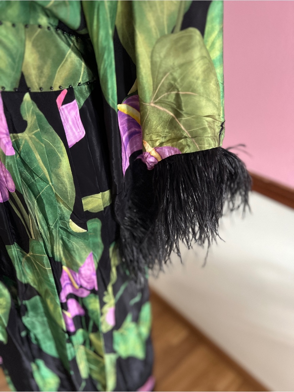 Black Anthurium Kaftan with Feather Detail from Farm Rio - Picture 3 of 10